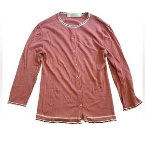 Dusty Rose Pink Lightweight Cardigan 3/4 Sleeve Scalloped Ribbon Edging S/M